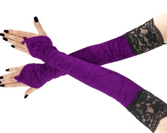 Black lace purple velvet women gloves extra long over elbow fingerless womens gothic goth arm warmers formal evening opera sleeve handmade