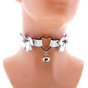 White vegan leather heart choker and bell satin bow collar, kitten petplay vegan leather collar choker puppy play cosplay costume all sizes