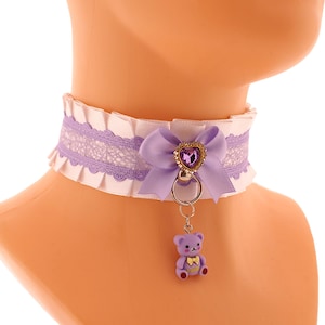 White purple kitten pet play collar satin lace choker necklace with o ring heart bow and bear pendant, handmade gifts, cute accessories