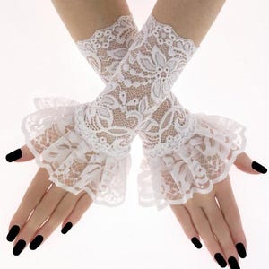 White Lace Fingerless Gloves: Ruffled Bridal Wedding Gloves