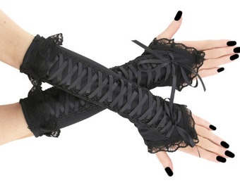 Gothic black women gloves goth fingerless gloves, evening warmers gloves, gothic costume cosplay carneval lacing corset gloves handmade