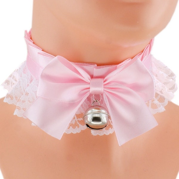 Baby pink kitten pet play role play collar choker necklace white lace satin bow bell pastel kawaii romantic jewelry handmade
