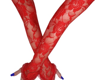 Red Lace Fingerless Gloves with Finger Loop, 20" Extra Long Opera Evening Sleeves Trim Lace Arm Warmers Custom Size XS to 3XL, Made to Order