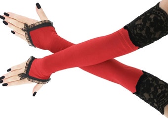 Guantes rojos extra largos sin dedos de ópera, calentadores de brazos para mujer, guantes hasta el codo, mangas rojas, elegantes guantes de traje formal, hechos a mano