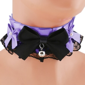 Kitten pet play collar choker bell purple satin lace necklace, black lace ruffles satin bow with pendant kawaii neko human cute handmade