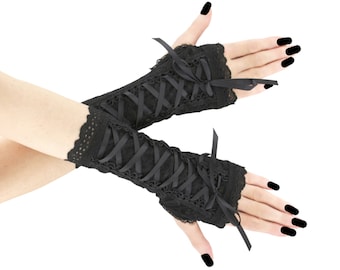 Mitaines noires avec trous pour le pouce gants de cérémonie gothiques gants de soirée pour femmes gants gothiques tout noir laçage gothique corset