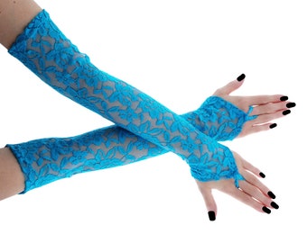 Gants extra longs pour femmes sur les coudes, gants de soirée sans doigts en dentelle turquoise pour femmes, gants de cérémonie élégants et romantiques