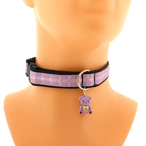 Kawaii thin kitten pet play buckle collar choker black purple dot proof sturdy collar for play d ring with bear day cute necklace costume