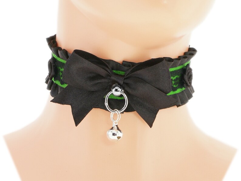 Kitten petplay collar black choker satin lace choker necklace with d ring bow and bell kitten petplay handmade i have several colors