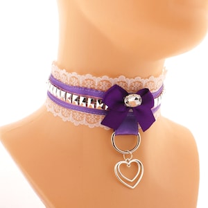 Purple white luxury kitten pet play collar pyramids choker necklace satin lace with a gem bow with o ring with heart pendant neko jewelry