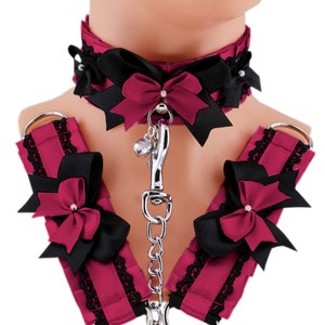 Set kittenplay purple black satin lace collar chain leash cuffs choker bracelet necklace bow kawaii princess puppyplay petplay costume
