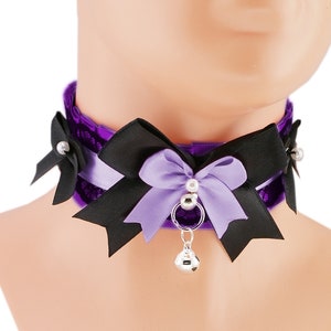 Kitten pet play collar with little bell satin with lace two-tone purple and black decorated with a bow, choker for playing and a cat costume