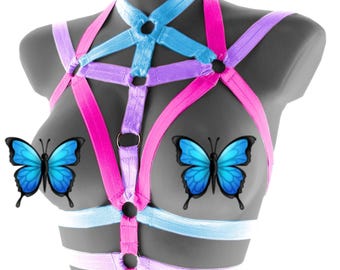 Harness Turquoise Purple Neon Pink, Adjustable Strappy Cage, Rave Lingerie Top, XS-XL, Handmade Elastic Body Gear, Cyberpunk Alt Accessory