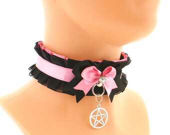 Girocollo con colletto rosa nero, collana pentagramma, colletto gotico pastello con o ring, fiocco in raso con accessori gotici in organza regalo su ordinazione