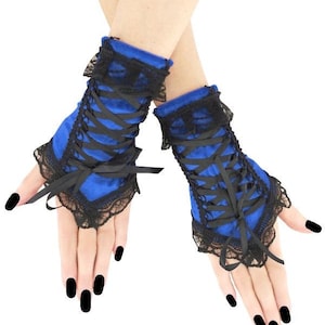 Women velvet gloves fingerless wrist warmers blue with black lace evening gloves lacing corset short warmers costume gothic goth all sizes