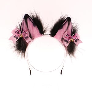 Pink black neko cat furry ears, kitten cosplay bow bell costume kawaii animal cosplay headband ears kittenplay headband handmade gifts