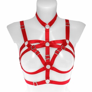 Women red harness adjustable elastic strappy lingerie chest top stretch ribbon body cage pastel belt with  gothic costume