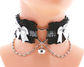 Negro blanco gatito mascota juego collar cadena corazón metal campana gargantilla collar encaje satén arco neko gótico gato niñas kawaii princesa disfraz