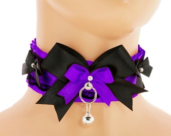 Purple kitten play collar satin lace choker kitten petplay collar necklace with black lace ring bow and bell handmade, made to order