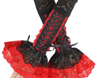 Unique Red and Black Ruffled Lace Fingerless Gloves, Gothic Corset Laced Elbow Length Arm Warmers, Vampire Queen Costume Sleeves, XS to 3XL