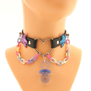 Vegan Leather Collar, Pastel Kawaii Emo Goth Choker, Necklace Collar cat kitten, Neko Heart Coker Plastic Chain O Ring Pendant Star Pacifier
