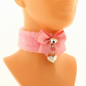 Furry Kitten Collar: Pink PetPlay Choker with Heart Charm