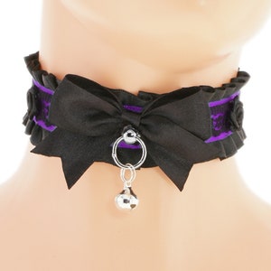 Kitten petplay collar purple black choker satin lace choker necklace with d ring bow and bell kitten petplay handmade i have several colors