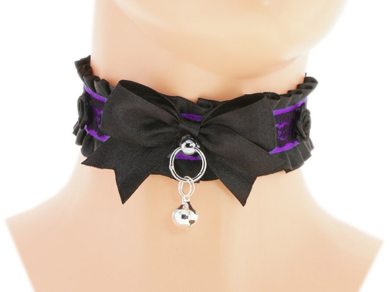 Kitten petplay collar purple black choker satin lace choker necklace with d ring bow and bell kitten petplay handmade i have several colors