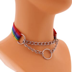 Slip Chain Choker Nylon Solid Rainbow Collar with Chain and O-Ring, Booklet Necklace Collar with O-Ring Handmade Goth Punk Custom More Sizes