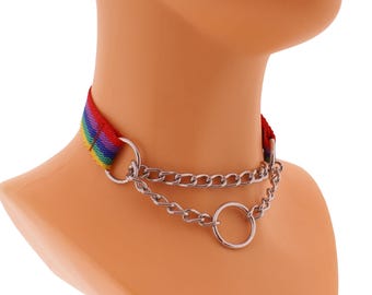 Regenbogen Nylon Kette Choker, Martingale Halskette Handgemacht, Goth Punk O-Ring Halsband, Plus Größe XS bis 5XL, Regenbogen Pride Festival Accessoire
