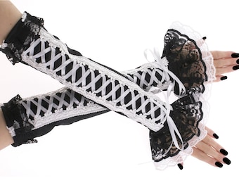 extra long gothic womens gloves fingerless gloves romantic arm warmers over elbow formal black white gloves evening goth lacing corset