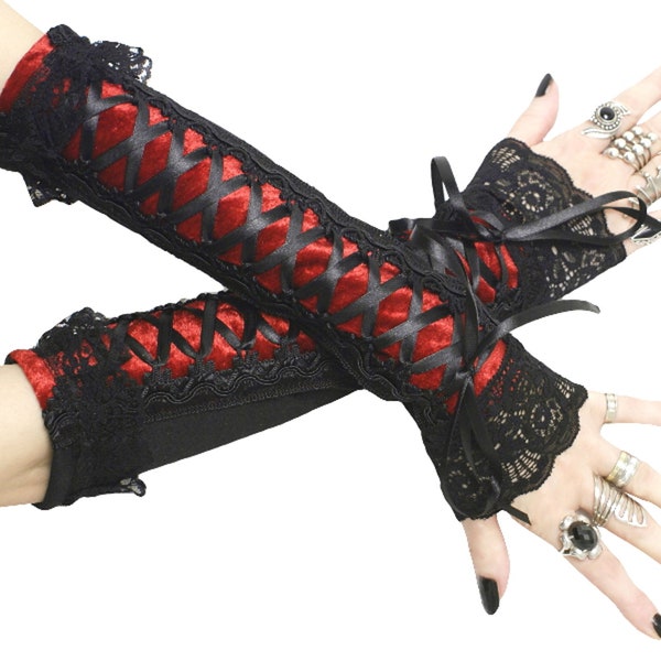 Gants noirs rouges pour femmes mitaines gothiques gants de soirée longs gants de corset à laçage carnaval pour femmes gants longs