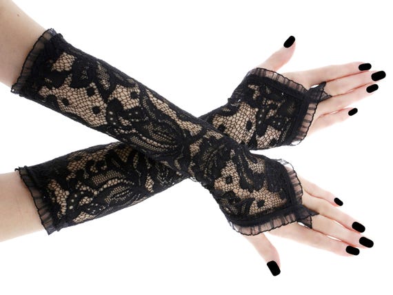 Women Black Fingerless Lace Gloves Long Evening Opera Satin