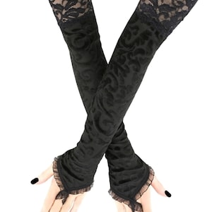 Black Lace Long Fingerless Gloves Gothic Evening Arm Warmers Handmade