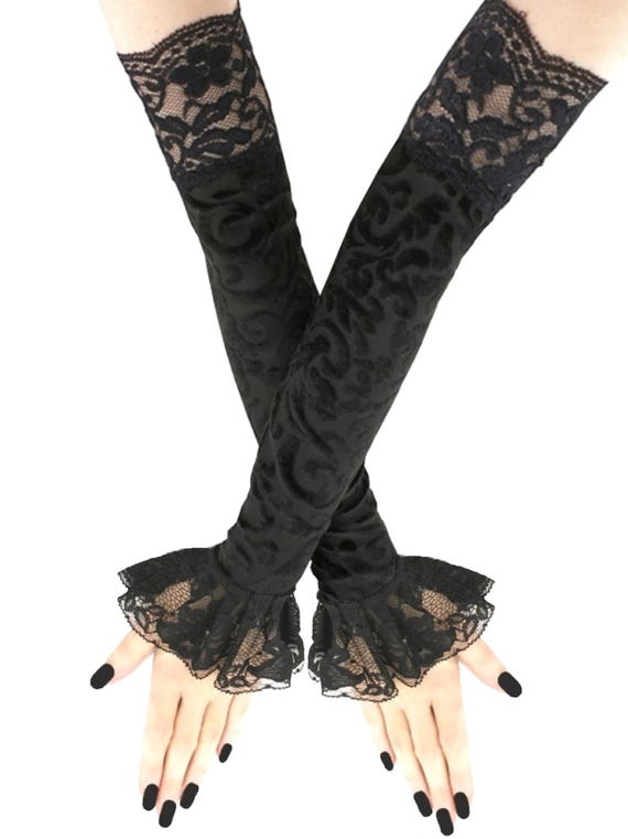 Gothic Velvet Arm Warmers, Embossed Pattern, Lace Ruffled Gloves