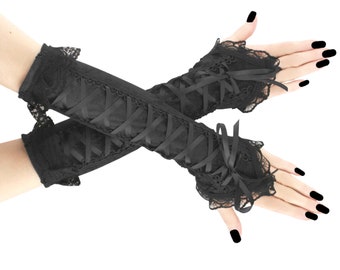 Velvet fingerless gloves all black evening gloves long warmers elbow length gloves gothic costume cosplay womens carneval lacing corset