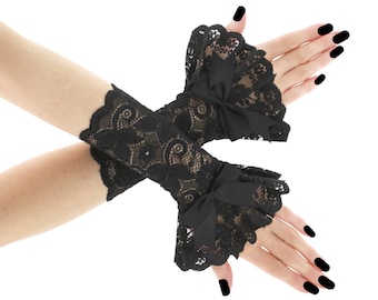 Black lace gloves fingerless gloves ruffled womens formal romantic elegant evening gothic gloves goth vampire plus size available