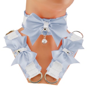 kitten petplay set choker collar and bracelet set cuffs bell satin bow lace white pastel costume cosplay kawaii princess neko