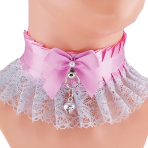 Pink Kitten Pet Play Collar: Lace Ruffles, Satin Bow, Bell Choker