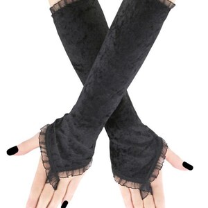 Black Velvet Fingerless Gloves, Elbow Length Pointed Arm Warmers with Finger Loop, Gothic Evening Sleeves, Lace Trim, Plus Size XS to 3XL