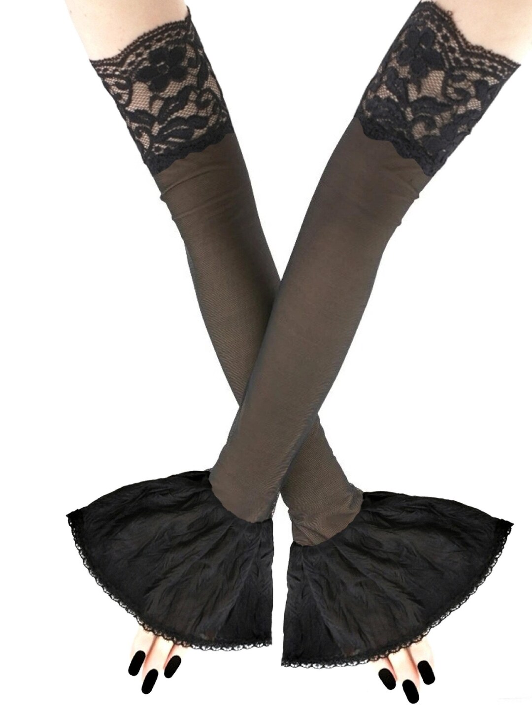 Sleeves Gothic Black Tulle Ruffled Opera Evening Gloves Elegant ...