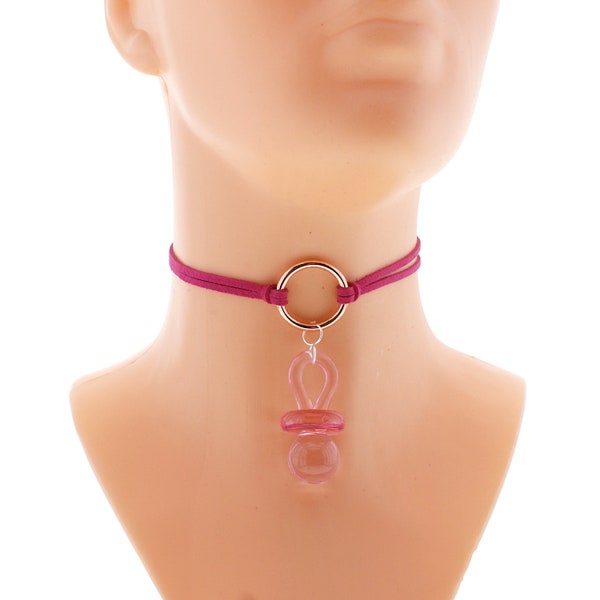 Pink vegan leather choker red gold O ring, choker pendant pacifier, tiny double layer vegan leather collar, knotted leather necklace jewelry