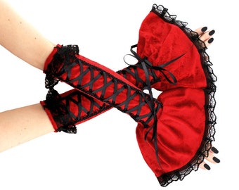 Women's velvet romantic goth gloves, black and red frill elbow length gloves with black satin ribbon lacing in gothic and vamp style.