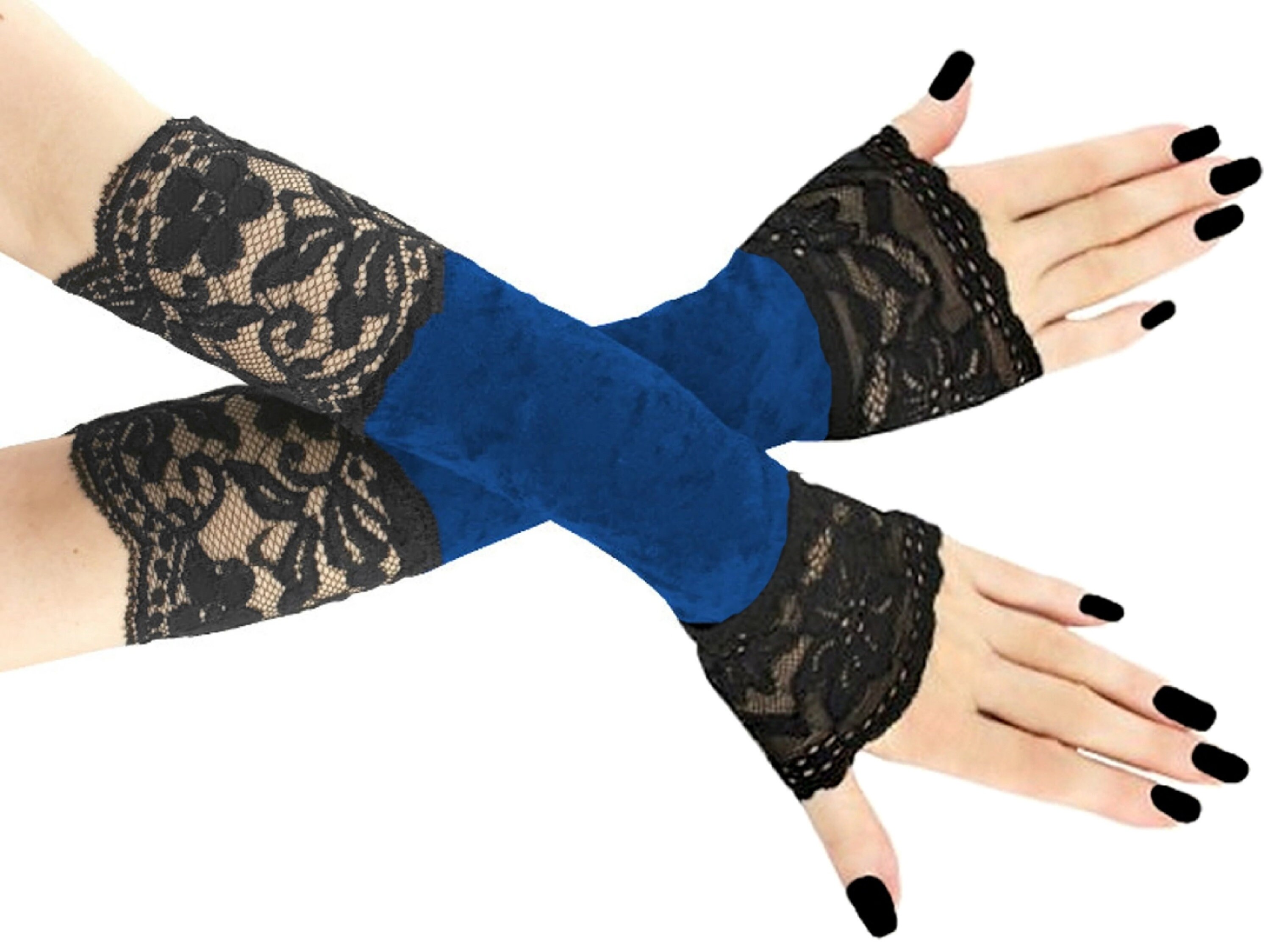 Schwarze Samt Spitze Fingerlose Handschuhe Abend, G Produktbild-Vorschau 2