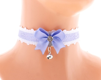 Zwart witte choker kant satijnen strik met bel ketting, schattige dag sieraden neko meisje, handgemaakt cadeau op bestelling gemaakt