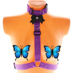 Handmade Purple Nylon Chest Harness, Detachable Collar, Black Satin Bow XS - 5XL
