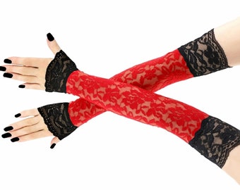 Extra long red black lace gloves evening opera, womens lace arm sleeves over elbow formal gloves stretch arm cover handmade womens gift