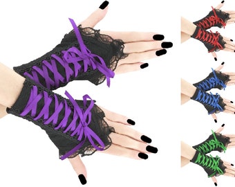 Black purple womens fingerless gloves, wrist warmers gothic gloves goth costume lacing corset short warmers handmade gift