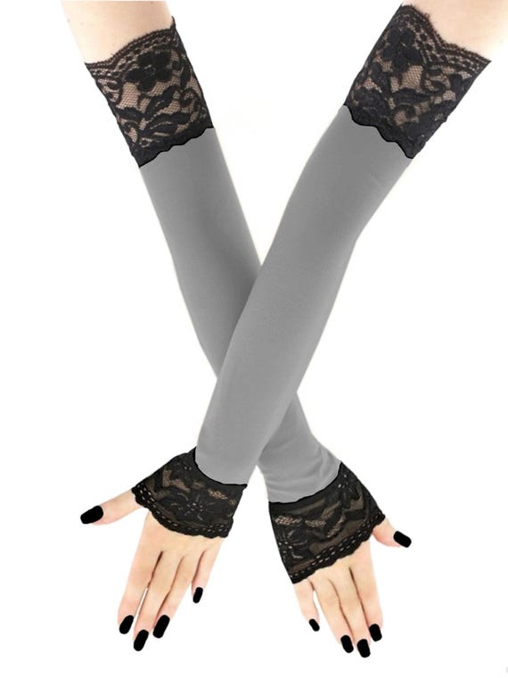 Women Fingerles Gloves Elegant Grey Black Trim Lace Opera 