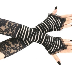 Black white womens gloves striped evening fingerless long warmers costume glamour elbow length elastic lace elegant romantic clothing